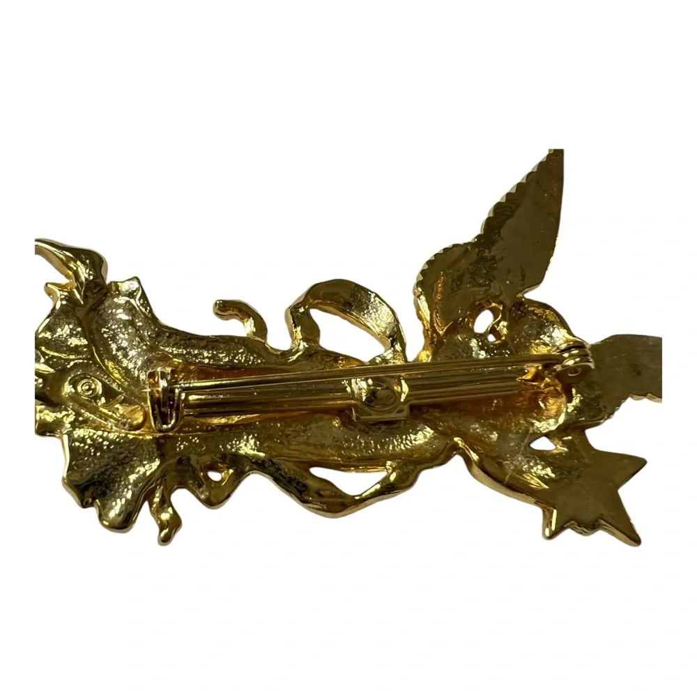 JJ Jonette Vintage Gold Tone Angel With Star and Faux Moonstone Brooch Pin